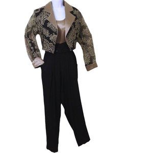 Vintage 90s 2-pc Set JumpSuit Jacket 6/8 Pockets Two-tone Scroll Champagne Black